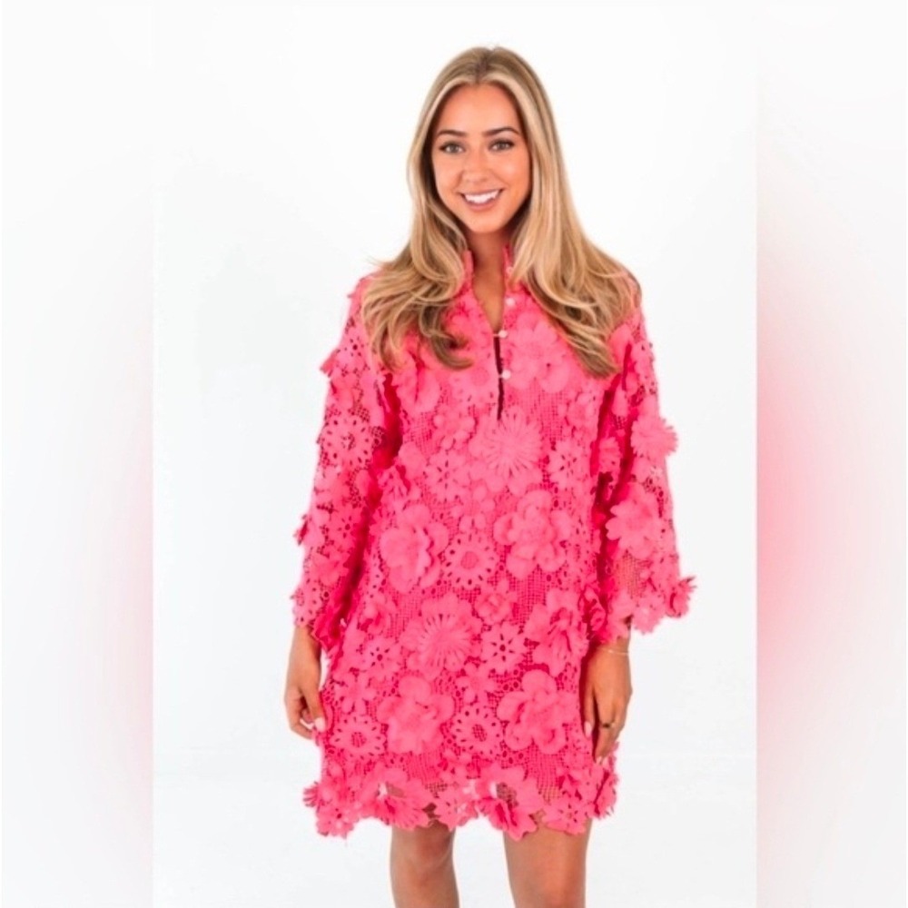 J.Marie M Hot Pink Seraphina 3D Floral Lace Lined Short Dress NWT $168 1356 - Picture 2 of 9